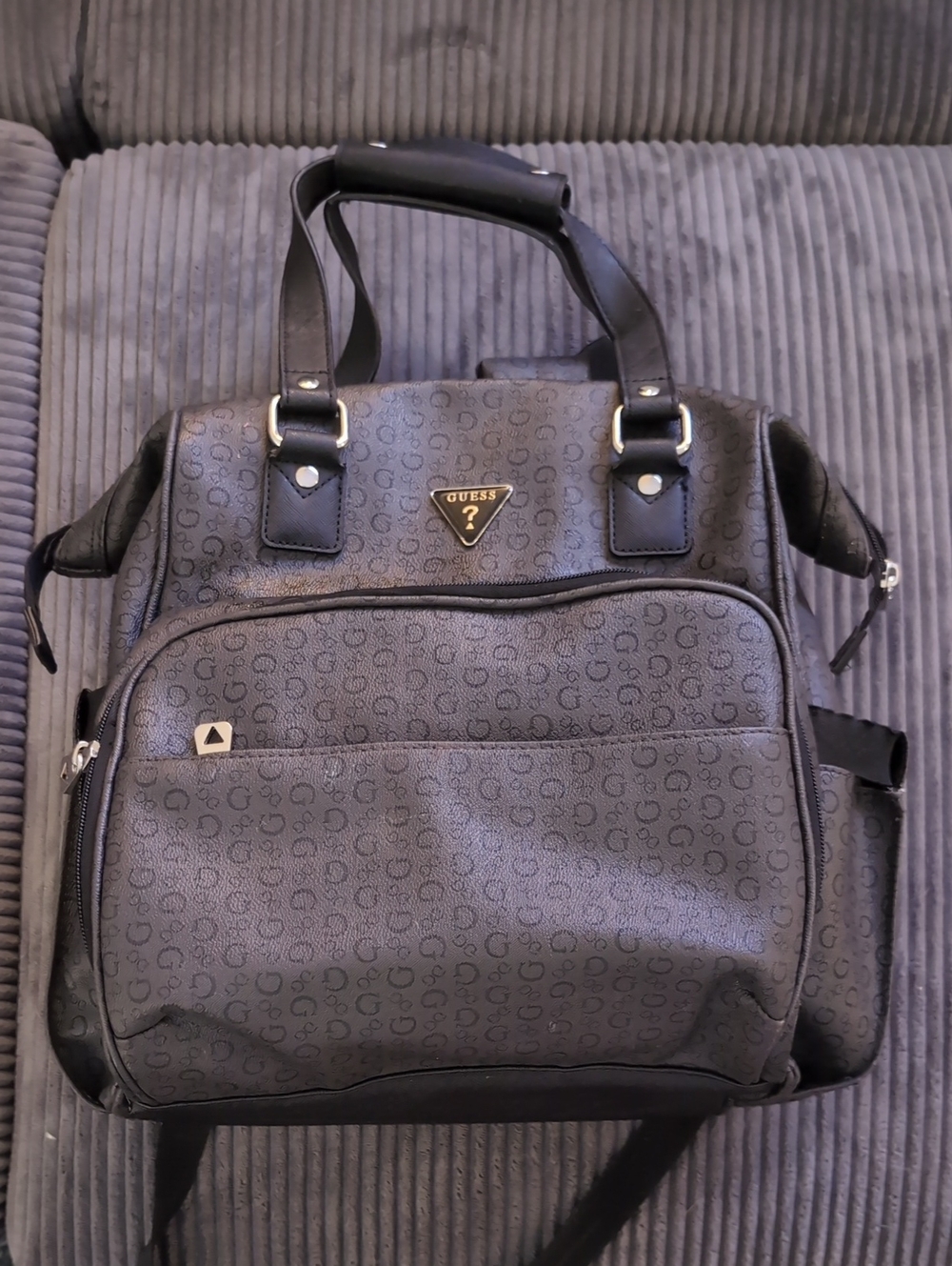 GUESS Gray Monogram Backpack/ Diaper Bag with Black Trim